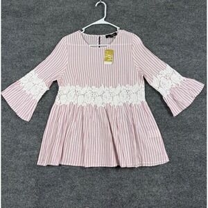 Suzanne Betro Pink White Striped Lace Trim Peplum Tunic Top Small U8501008 NWT
